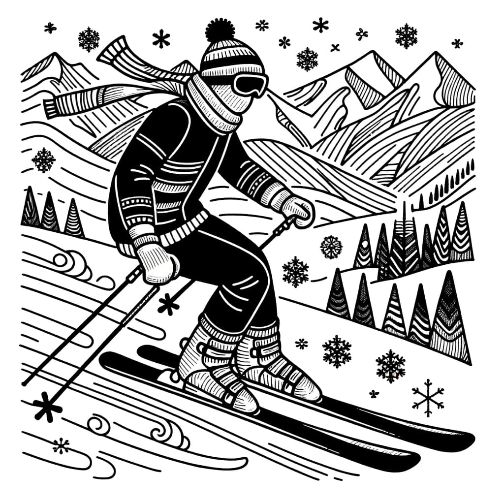 Ausmalbild - Der Skifahrer im Schneegestöber - Skifahrer, Berge, Schneeflocken, Action