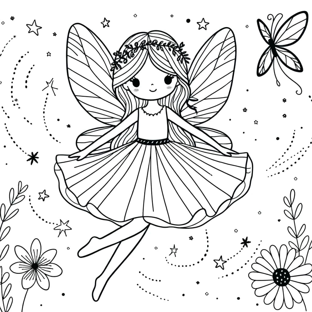 Ausmalbild - Die fliegende Fee - Fee, Flügel, Sterne, Blumen