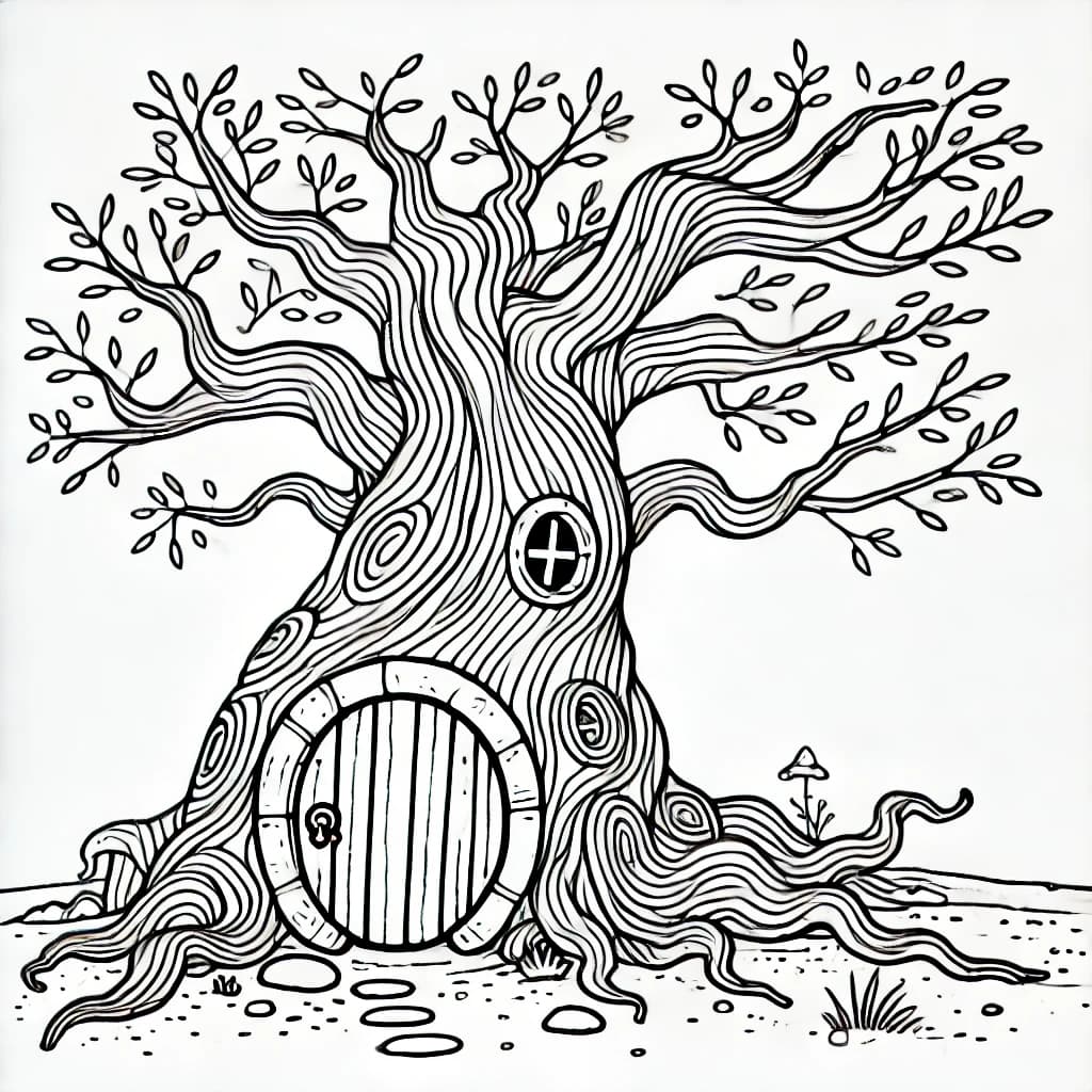 Ausmalbild - Der verwunschene Baum - Baum, Tür, Märchen, Natur