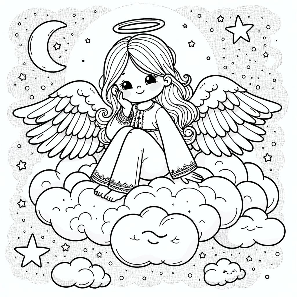 Ausmalbild - Der Engel auf der Wolke - Engel, Wolke, Sterne, Mond