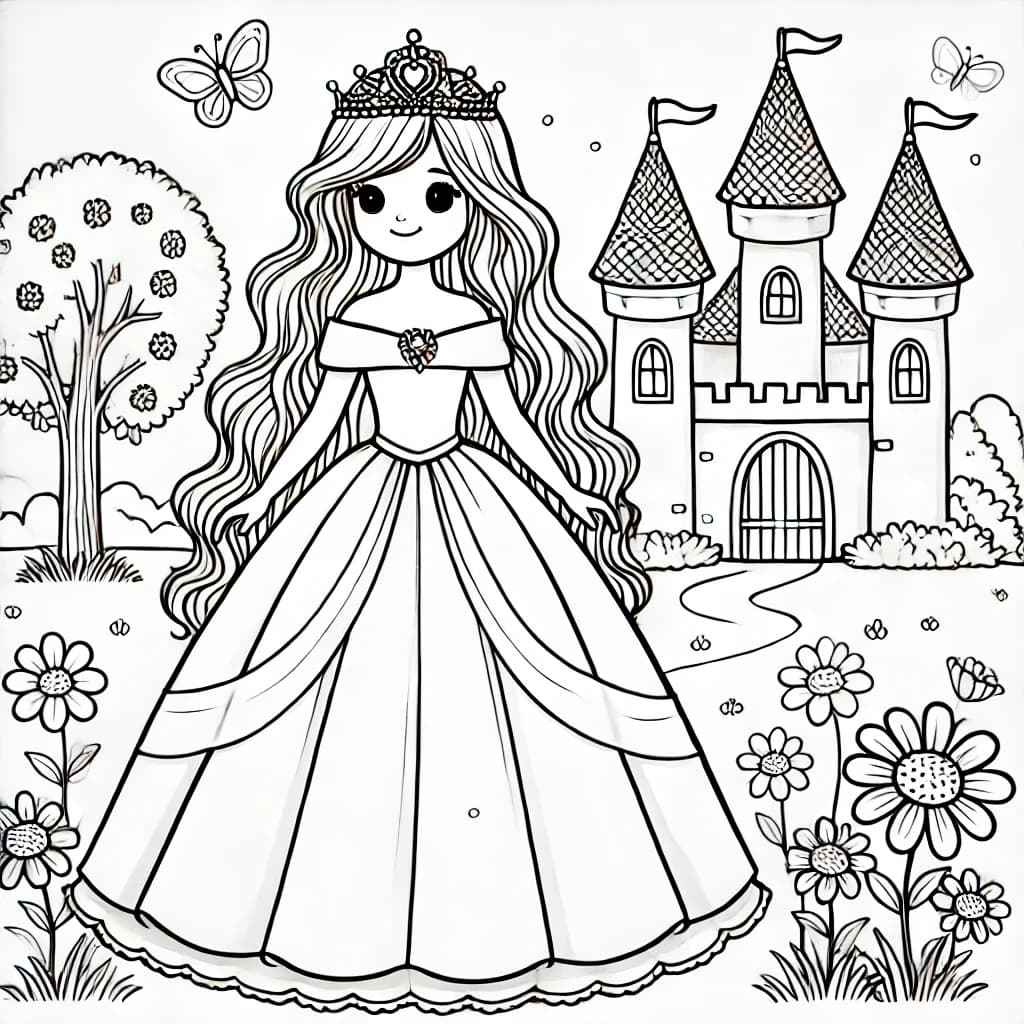 Ausmalbild - Prinzessin im Schlossgarten - Prinzessin, Schloss, Garten, Krone