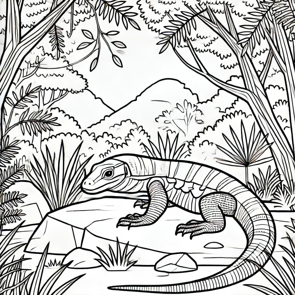 Ausmalbild - Waran in der Wildnis - Waran, Dschungel, Echse, Natur