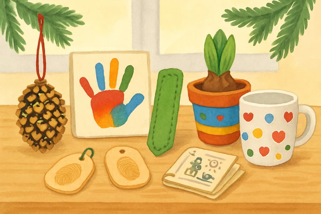 Sieben selbstgebastelte Weihnachtsgeschenke auf einem Holztisch: Vogelfutter-Zapfen, Leinwand mit Kinderhandabdruck, Filz-Lesezeichen, bemalte Tasse, bemalter Blumentopf mit Blumenzwiebel, Salzteig-Anhänger mit Fingerabdruck und ein kleines Gutscheinheft