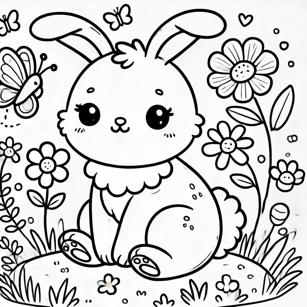 Ausmalbild - Hase im Blumenfeld - Hase, Wiese, Blumen, Schmetterling