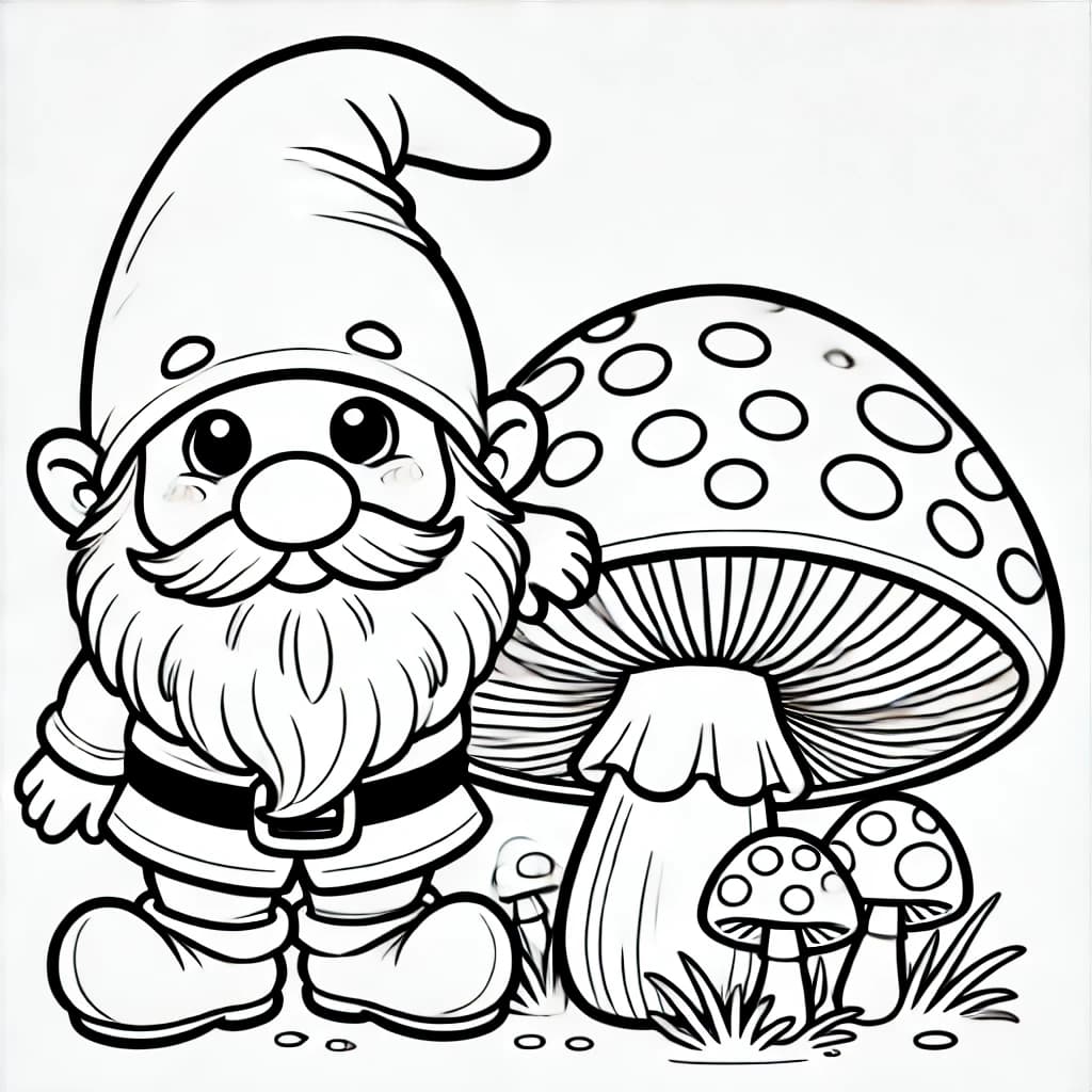 Ausmalbild - Der freundliche Gnom - Gnom, Pilz, Wald, Lächeln
