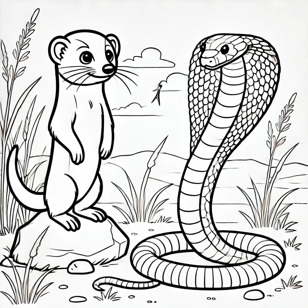 Ausmalbild - Die wachsame Manguste - Manguste, Kobra, Schlange, Tierwelt