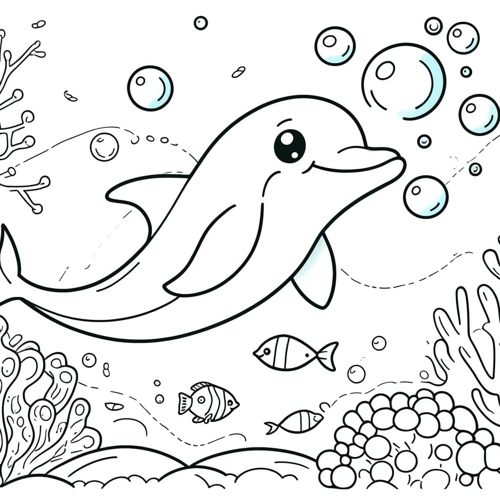 Ausmalbild - Der fröhliche Delfin unter dem Meer - Delfin, Meer, Blasen, Korallen