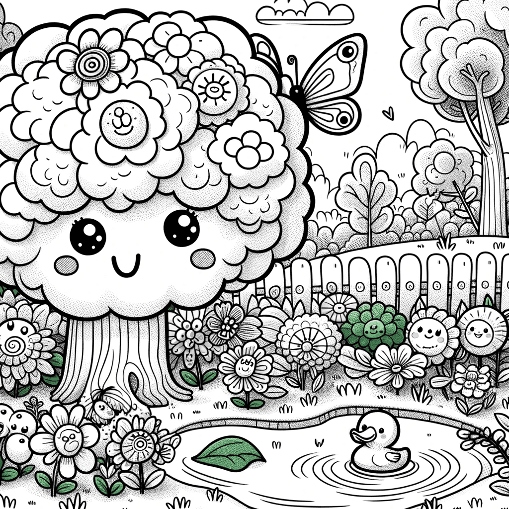 Ausmalbild - Der fröhliche Garten - Baum, Blumen, Teich, Enten