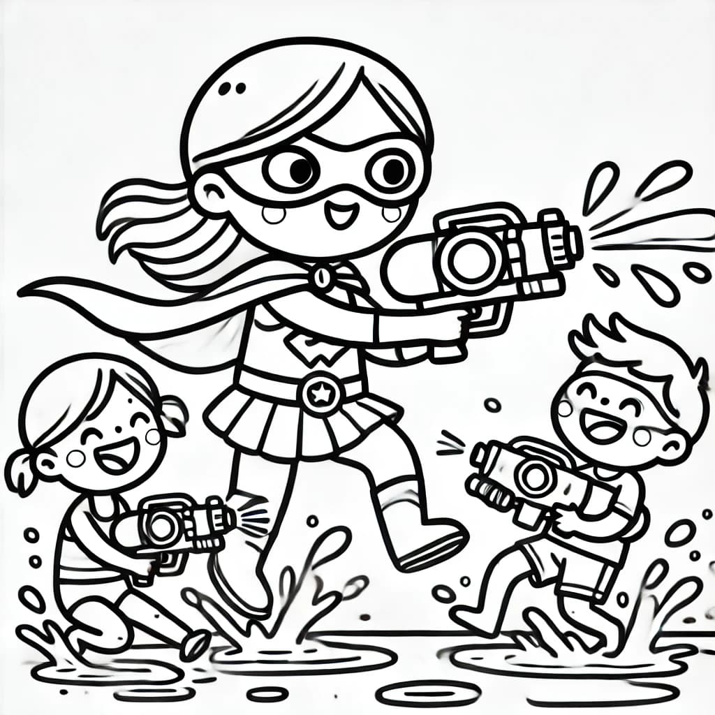 Ausmalbild - Superheldin in der Wasserschlacht - Superheldin, Wasserschlacht, Wasserpistole, Freunde