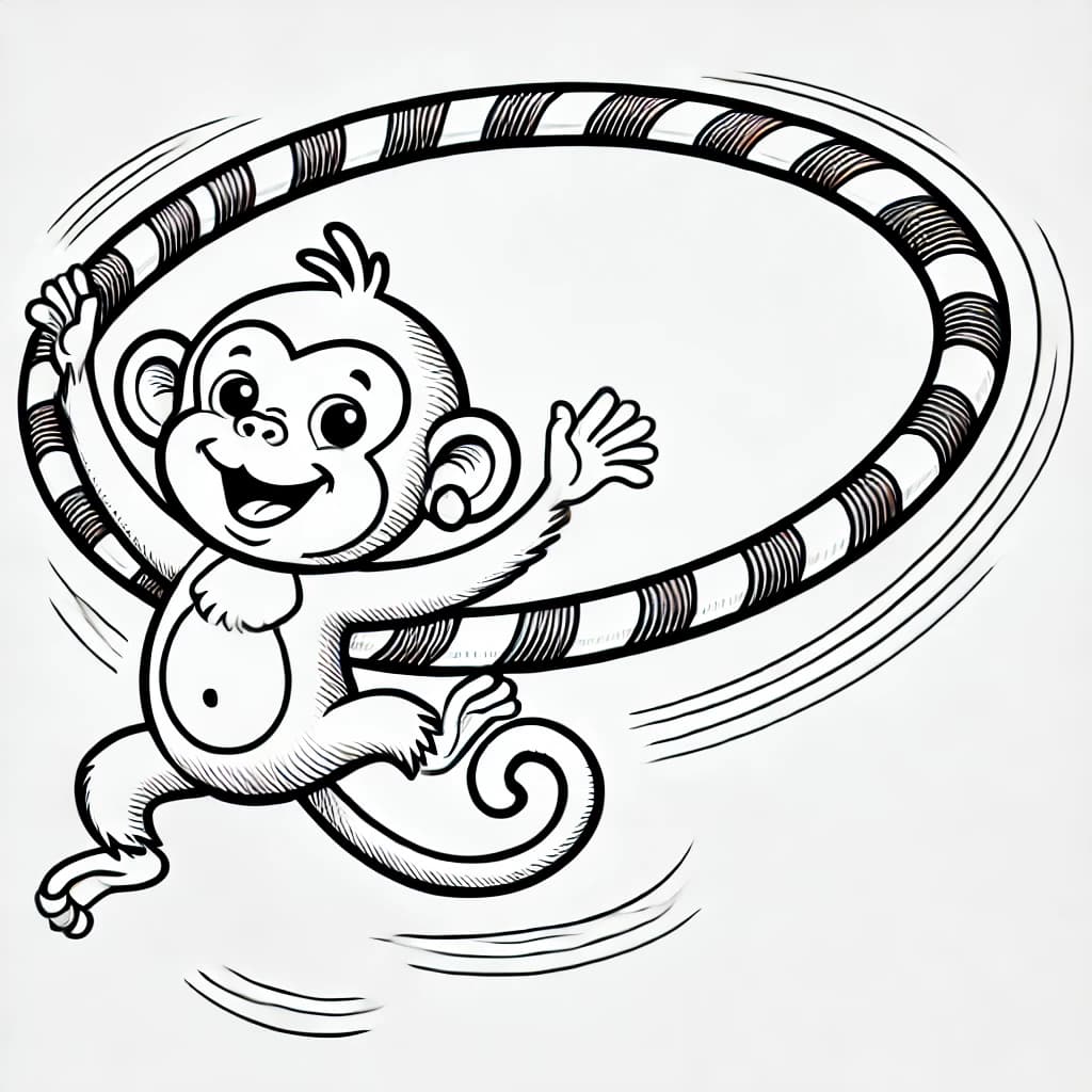 Ausmalbild - Affe mit riesigem Hula-Hoop - Affe, Hula-Hoop, Bewegung, Spaß
