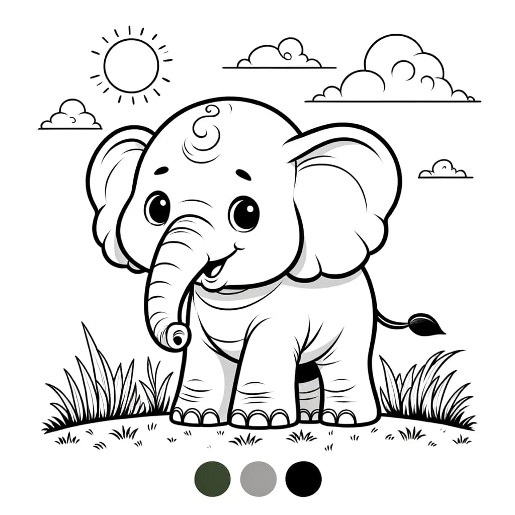 Ausmalbild - Freundlicher Elefant auf der Wiese - Elefant, Wiese, Himmel, freundlich