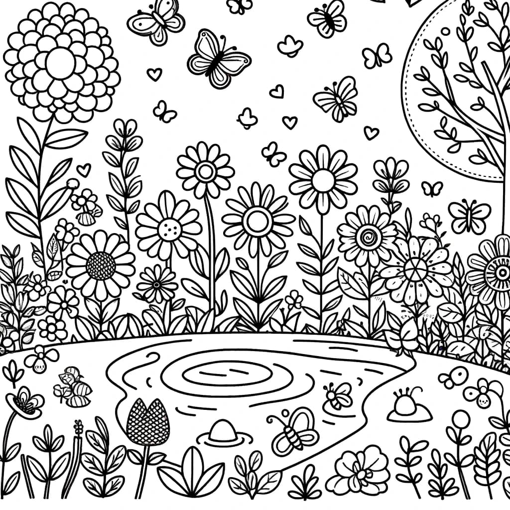 Ausmalbild - Fröhlicher Garten - Garten, Blumen, Schmetterlinge, Teich