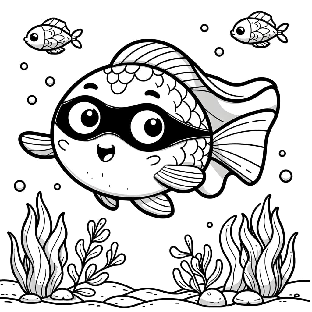 Ausmalbild - Superhelden-Fisch im Ozean - Superheld, Fisch, Umhang, Maske