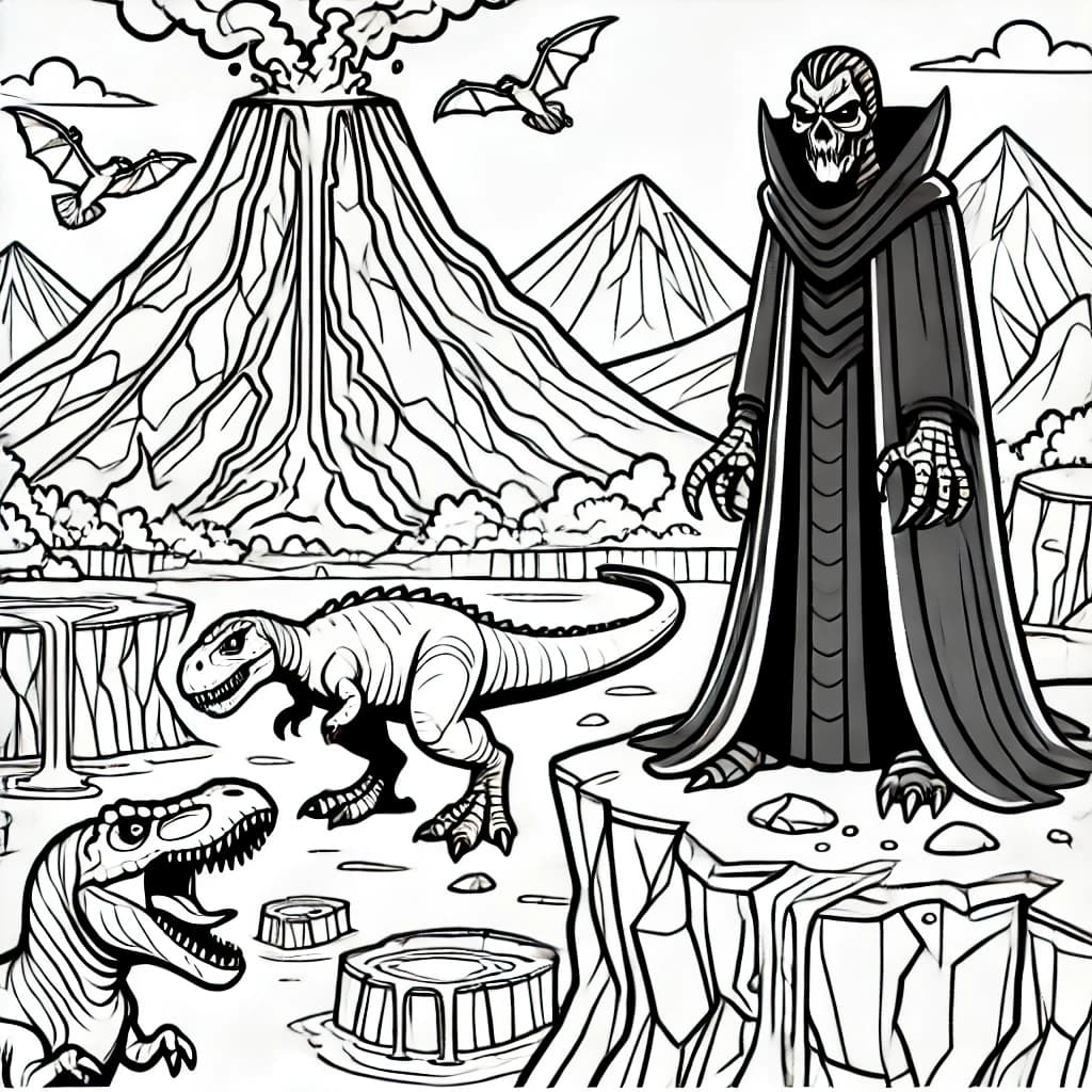 Ausmalbild - Dinosaurier, Lava und der Bösewicht - Dinosaurier, Lava, Bösewicht, Vulkan