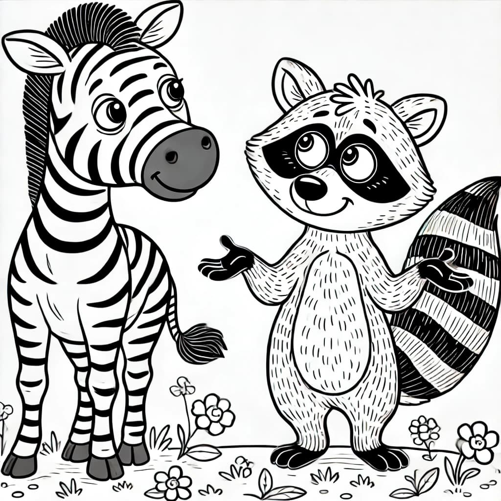 Ausmalbild - Zebra und Waschbär im Streifen-Duell - Zebra, Waschbär, Streifen, Tiere
