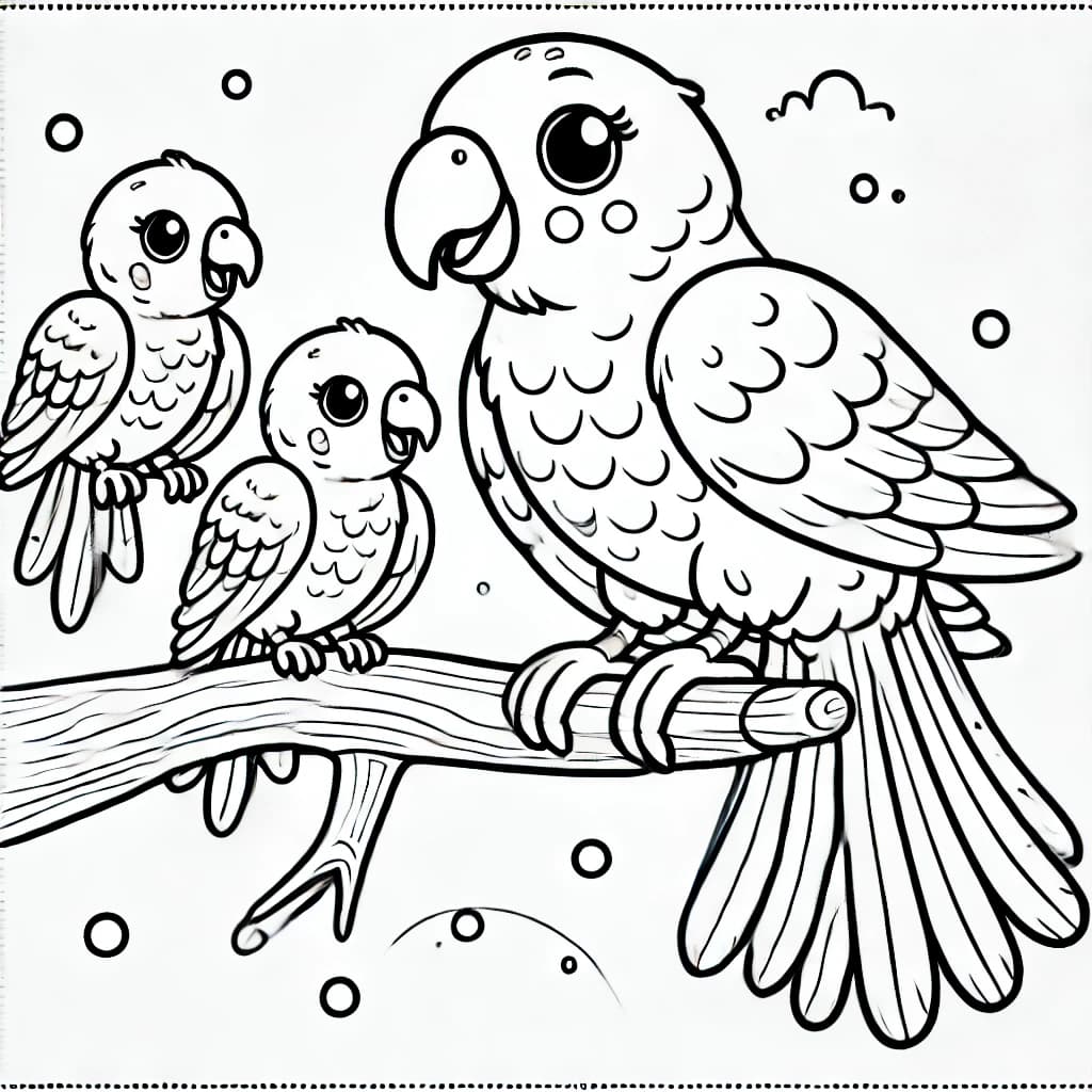 Ausmalbild - Papageienfamilie auf einem Ast - Papagei, Familie, Vögel, Ast