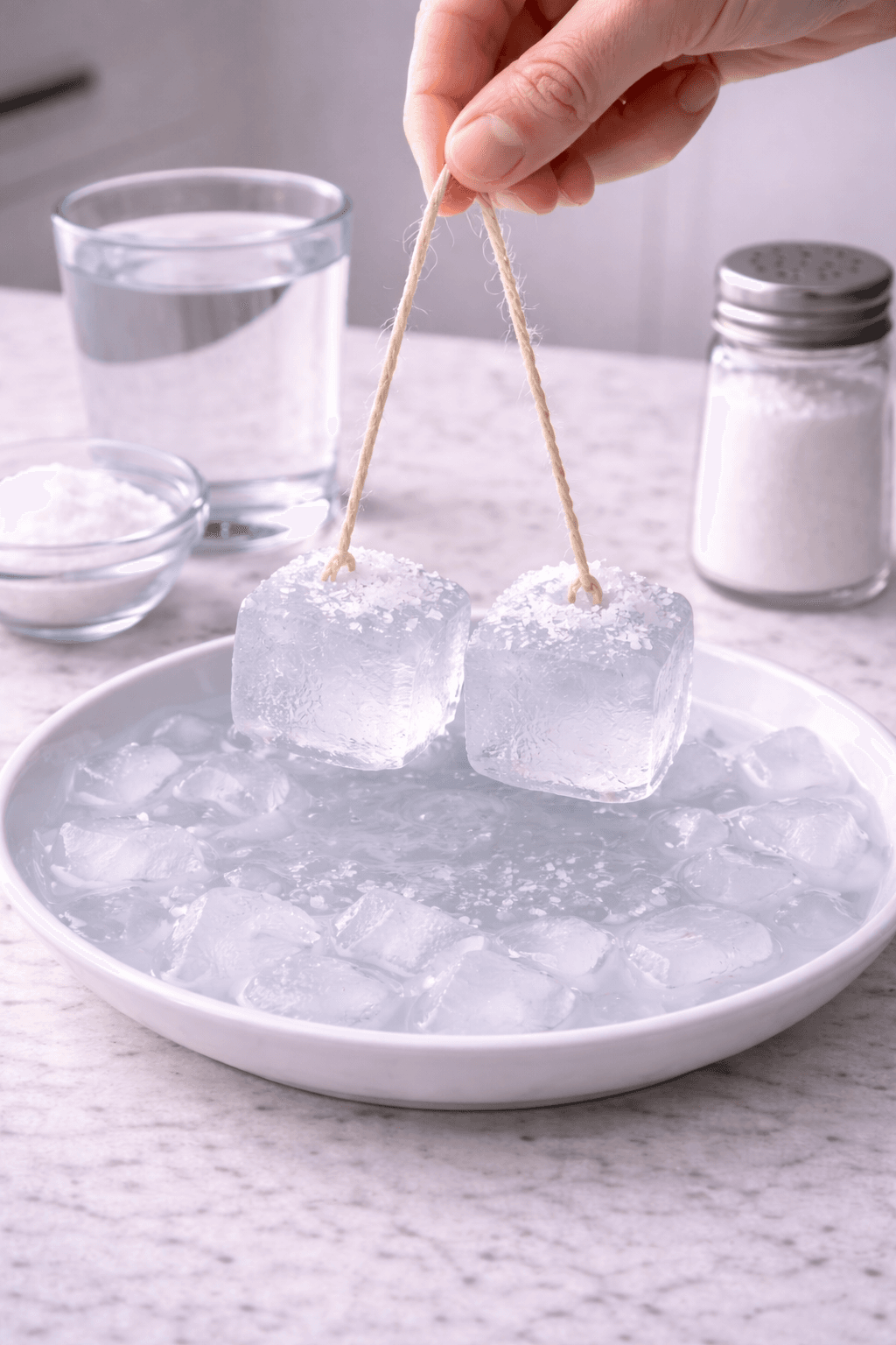 Experiment - Eiswürfel angeln: Eis mit einem Faden hochheben - Der Salz-Trick ab 4 Jahren, in 10 Minuten – mit Erklärung zum Mitreden und dem Bezug zum Streusalz im Winterdienst.
