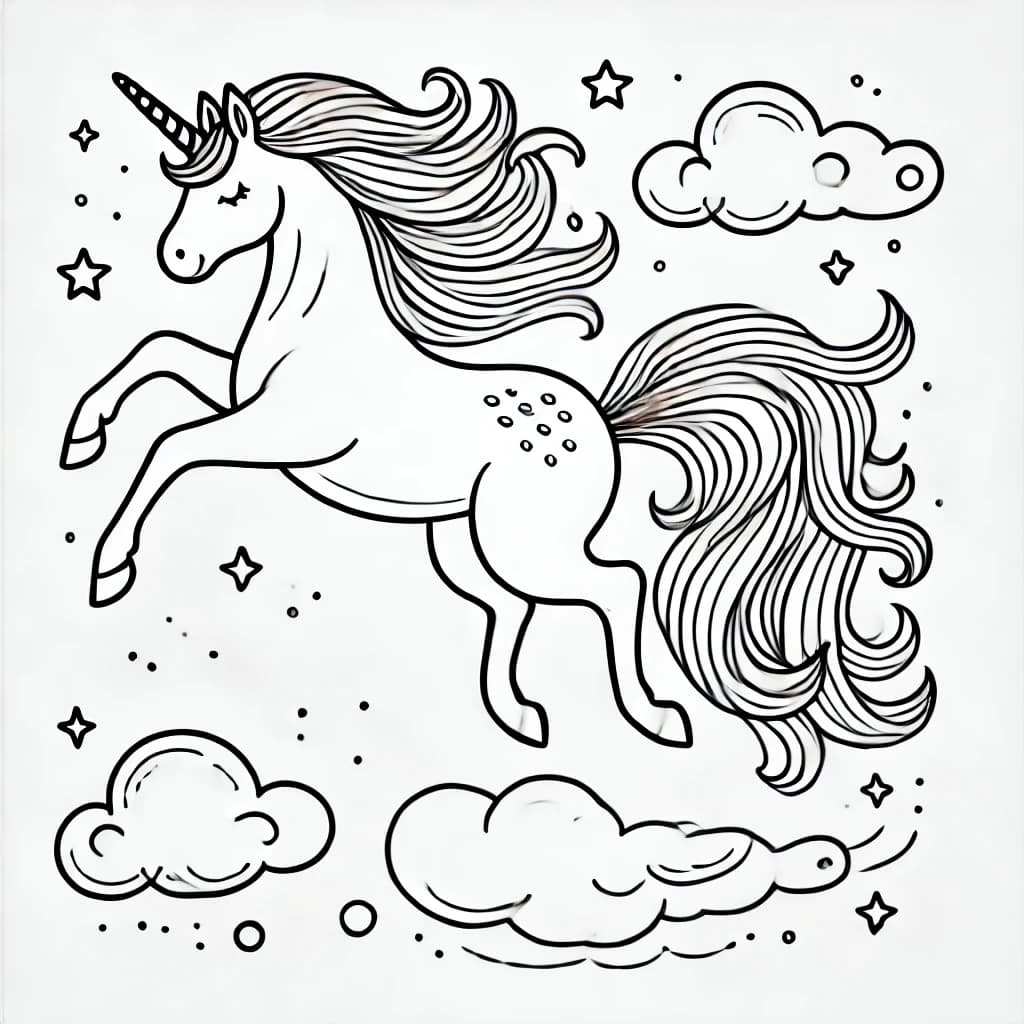 Ausmalbild - Springendes Einhorn - Einhorn, Magie, Himmel, Sterne