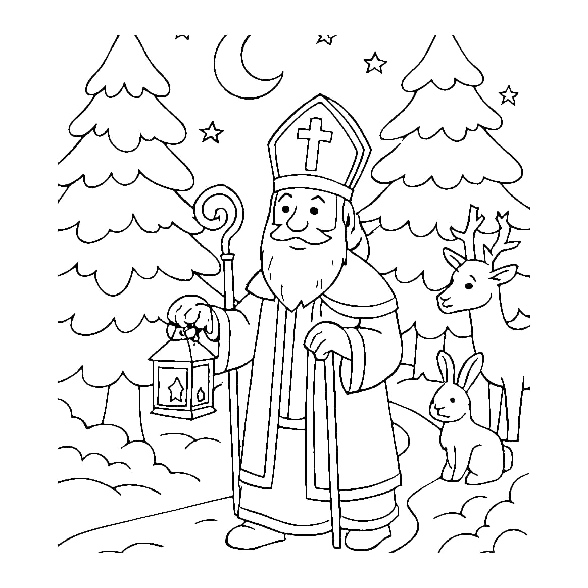 Ausmalbild - Nikolaus im Schneewald - Nikolaus, Schnee, Wald, Winter