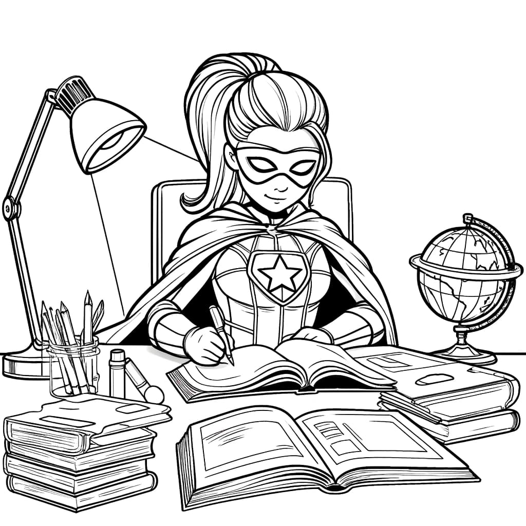 Ausmalbild - Superheldin beim Lernen - Superheldin, Lernen, Schreibtisch, Bücher