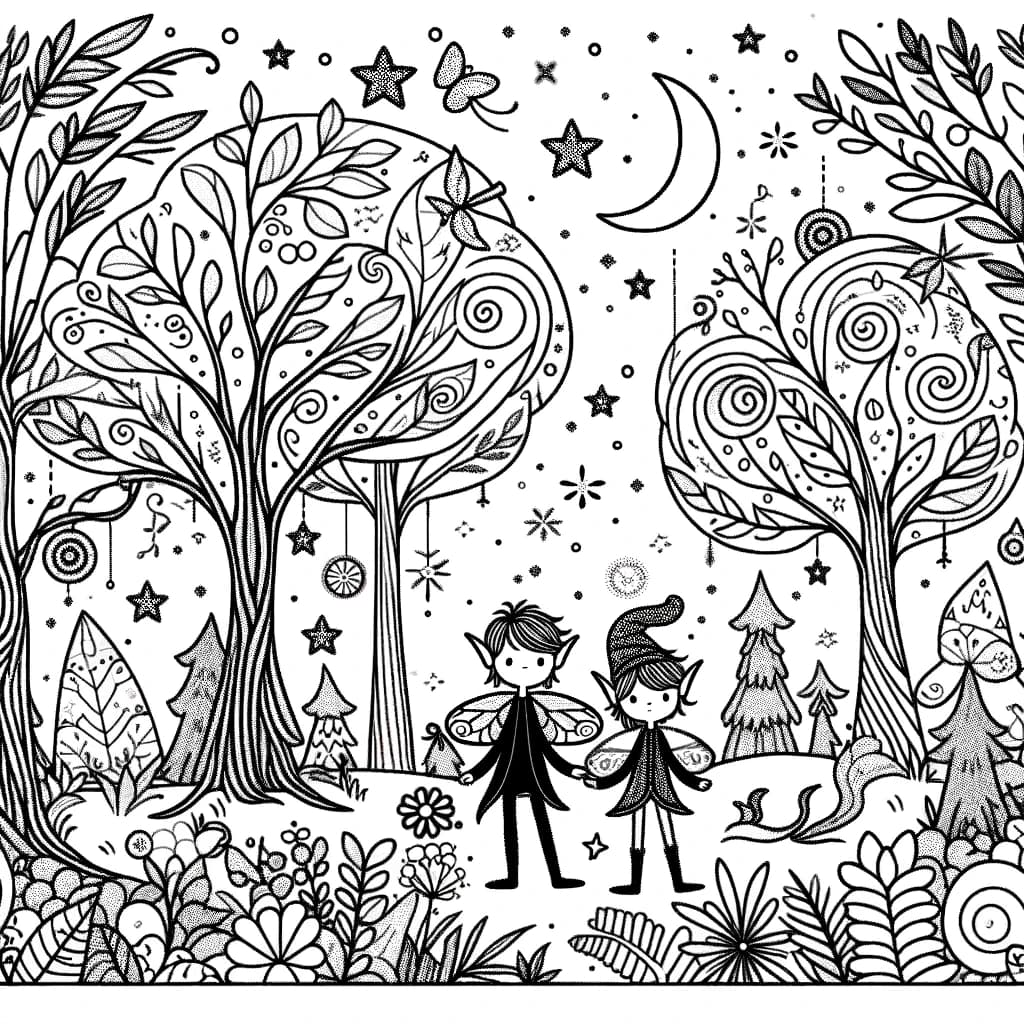 Ausmalbild - Elfen im Zauberwald - Elfen, Zauberwald, Bäume, Blumen