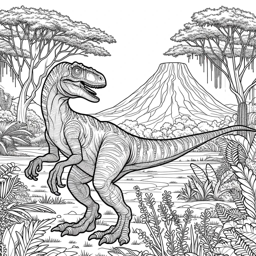 Ausmalbild - Der freundliche Velociraptor - Velociraptor, prähistorische Landschaft, Bäume, Pflanzen