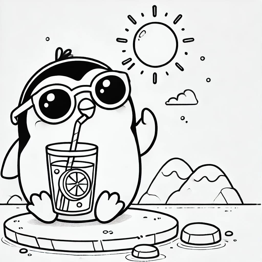 Ausmalbild - Cooler Pinguin mit Limonade - Pinguin, Sonnenbrille, Limonade, Sommer