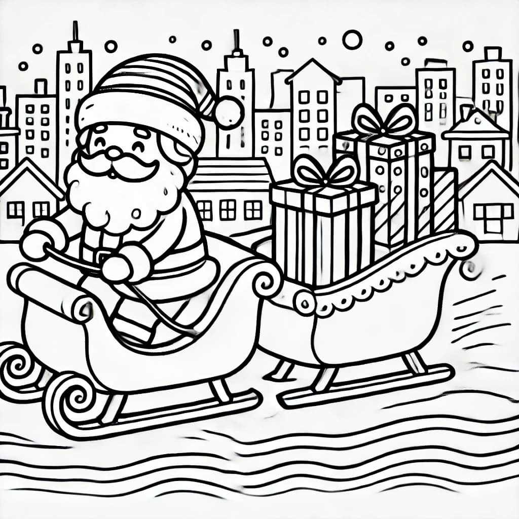 Ausmalbild - Weihnachtsmann mit Schlitten in der Stadt - Weihnachten, Weihnachtsmann, Schlitten, Geschenke