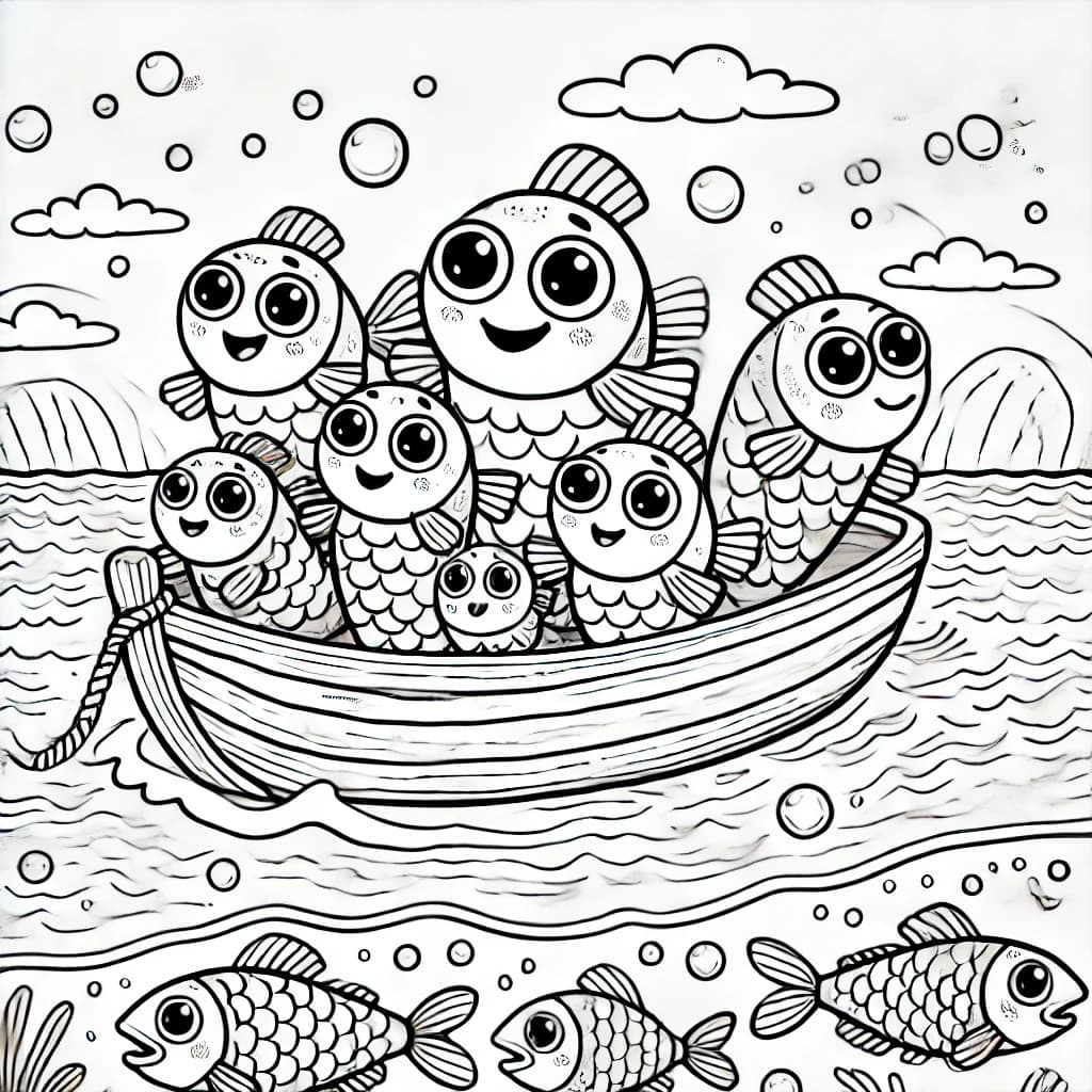 Ausmalbild - Familie Hering auf Abenteuerreise - Fisch, Meer, Familie, Ozean