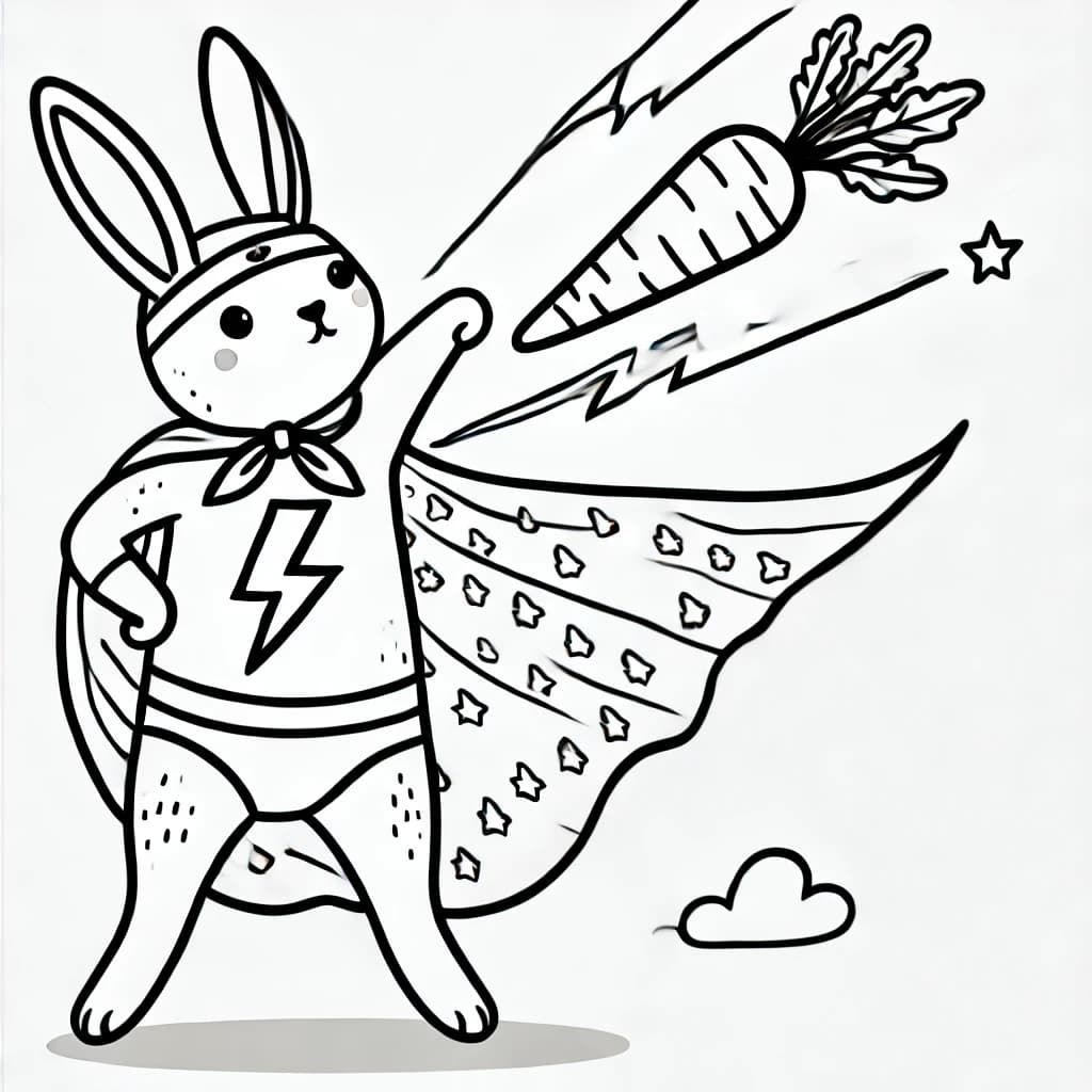 Ausmalbild - Superhase mit Karotten-Bumerang - Superhase, Umhang, Karotte, Bumerang