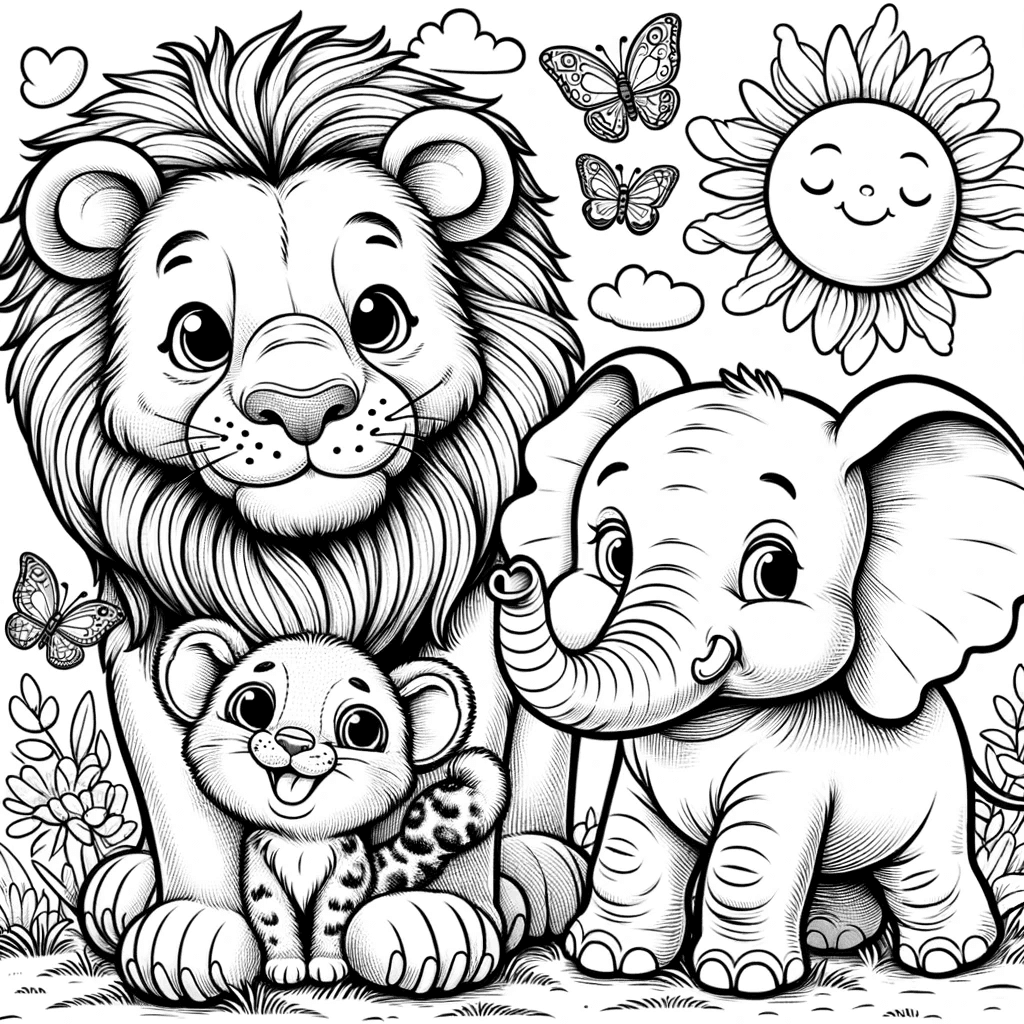 Ausmalbild - Tierische Freunde - Tiere, Löwe, Elefant, Natur