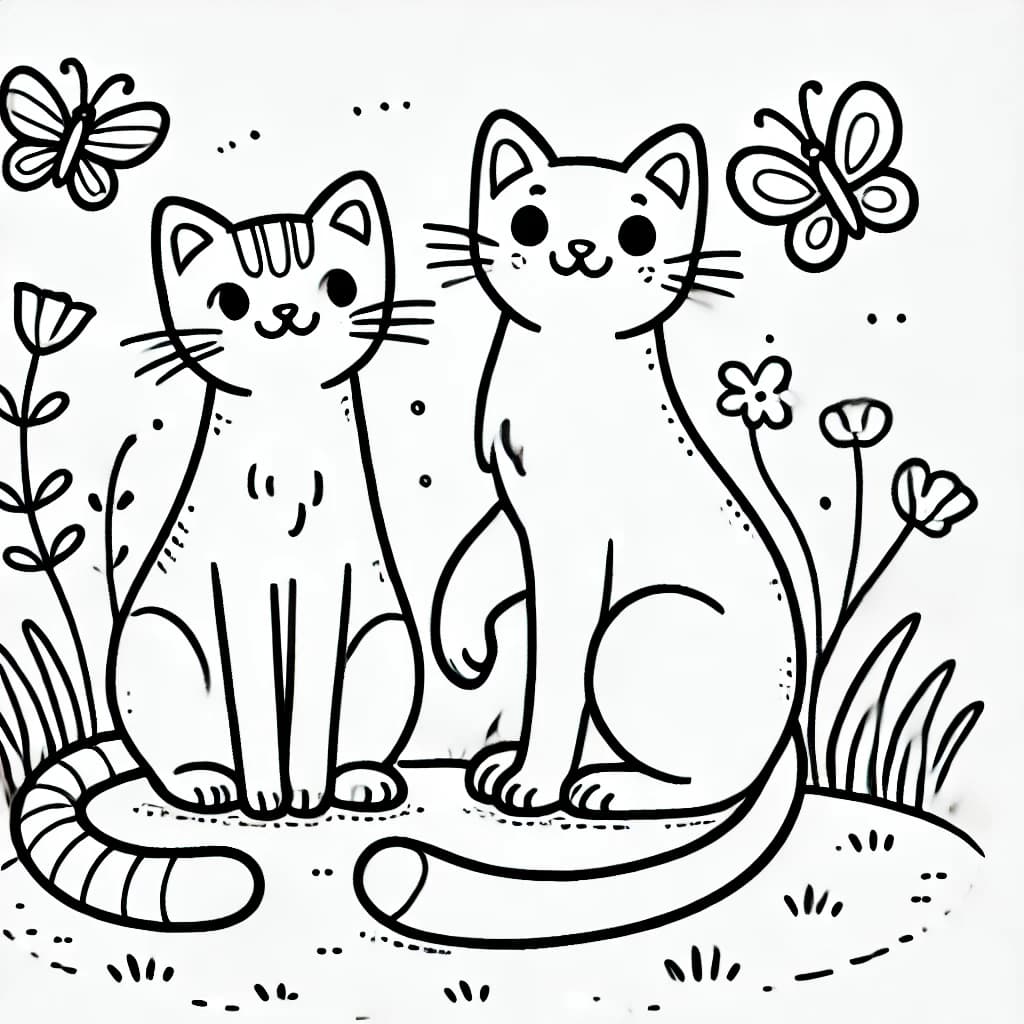 Ausmalbild - Zwei verspielte Katzen - Katze, Tiere, Schmetterling, Gras