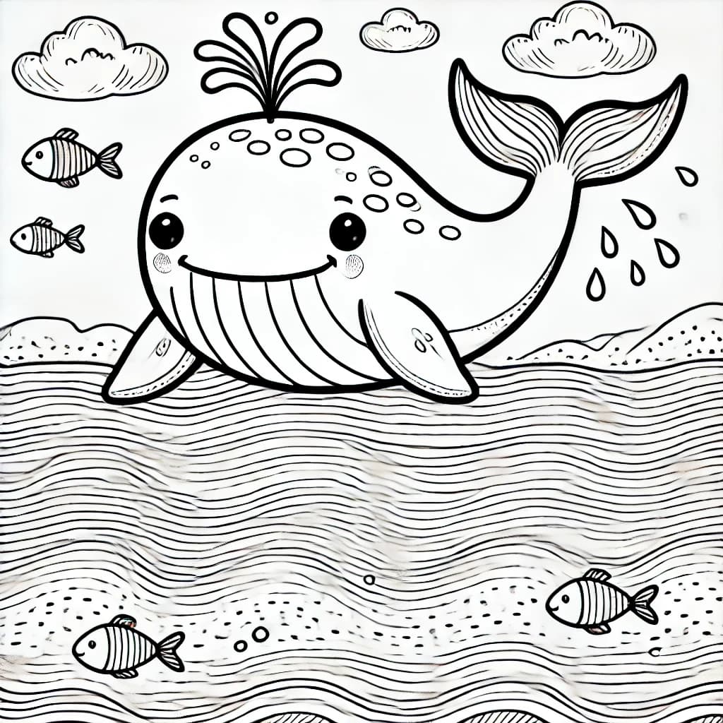 Ausmalbild - Fröhlicher Wal im Ozean - Wal, Meer, Fische, Wellen