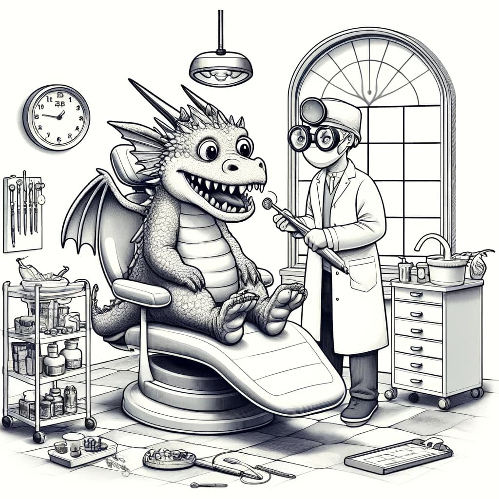 Ausmalbild - Der Drache beim Zahnarzt - Drache, Zahnarzt, Zahnreinigung, Zahnarztstuhl