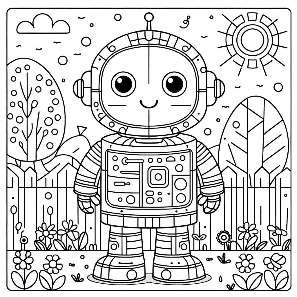 Ausmalbild - Der freundliche Gartenroboter - Roboter, Garten, Blumen, Baum