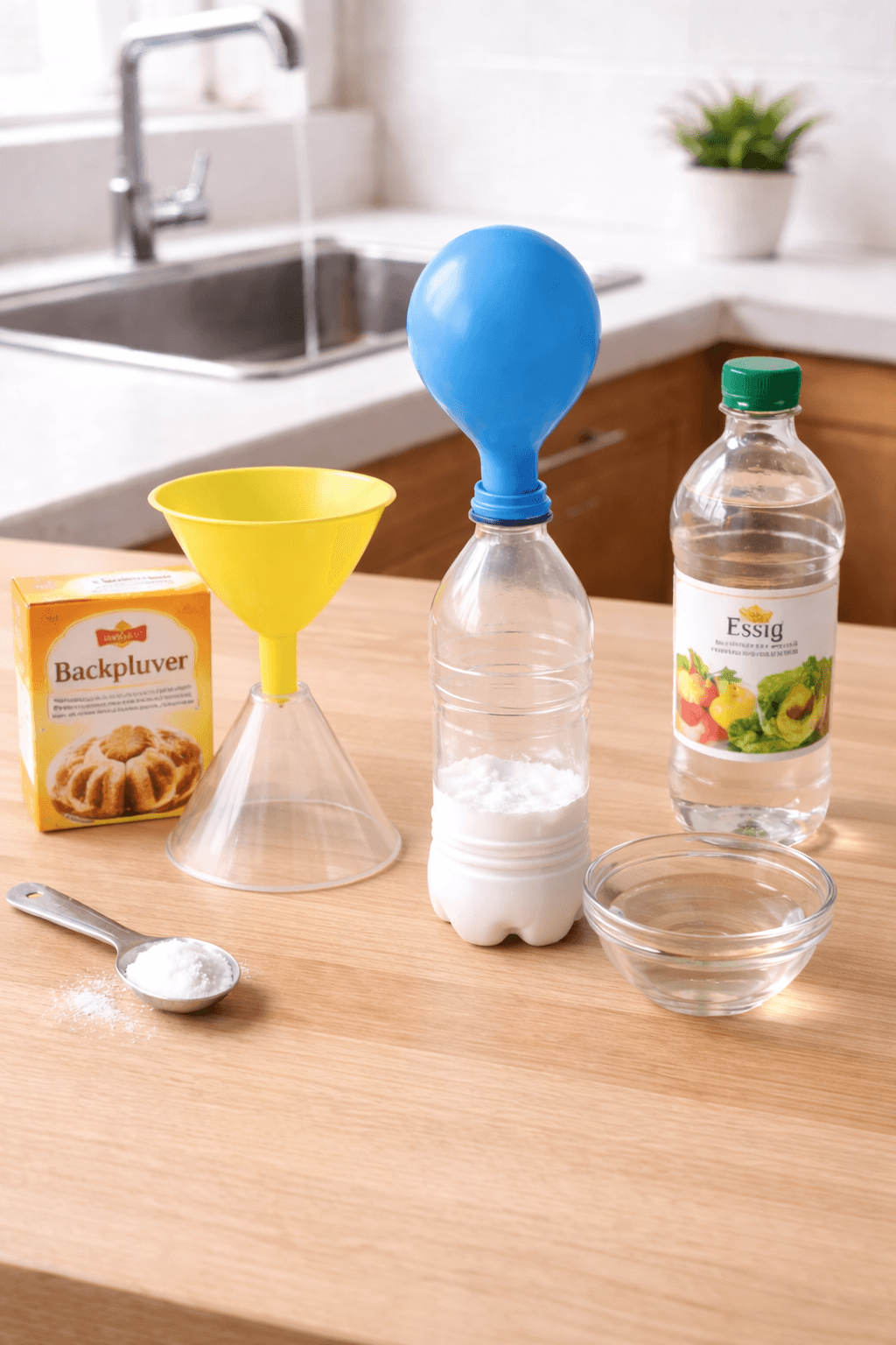 Experiment experimentieren - Luftballon aufblasen mit Backpulver und Essig: Experiment ab 5 Jahren