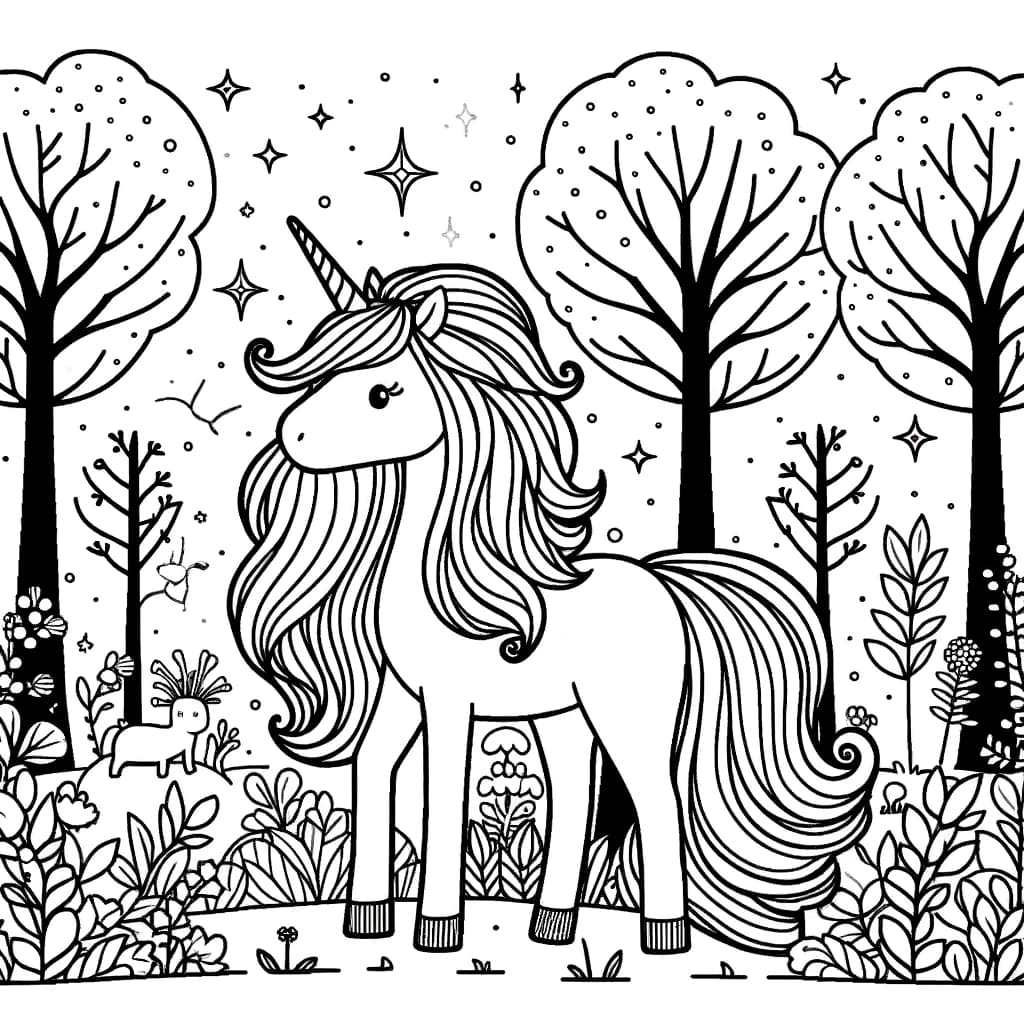 Ausmalbild - Einhorn im magischen Wald - Einhorn, magischer Wald, Blumen, Tiere