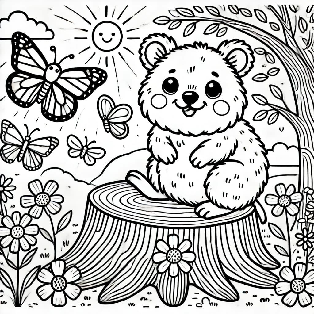 Ausmalbild - Quokka im Wald - Quokka, Baumstumpf, Schmetterlinge, Blumen