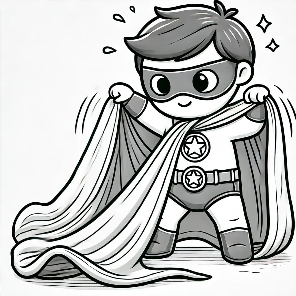 Ausmalbild - Der kleine Superheld und sein riesiger Umhang - Superheld, Umhang, Kind, lustig