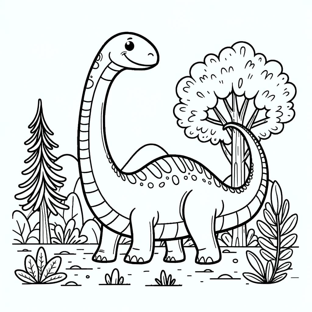 Ausmalbild - Der freundliche Brachiosaurus - Brachiosaurus, Dinosaurier, prähistorische Landschaft, Bäume