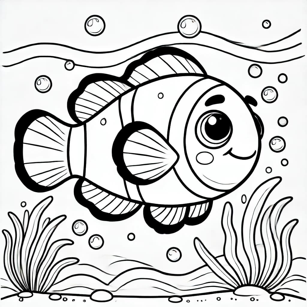 Ausmalbild - Fröhlicher Clownfisch im Meer - Clownfisch, Unterwasserwelt, Meer, Fische