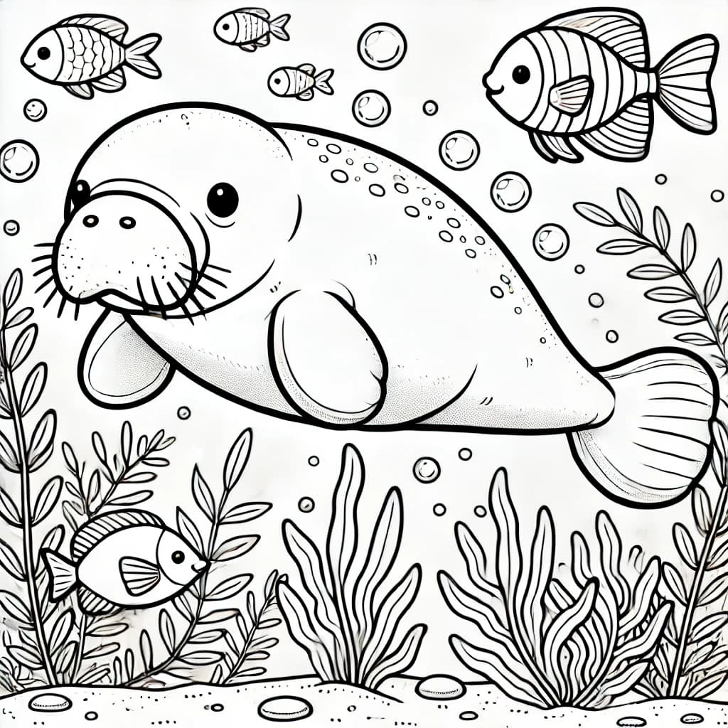 Ausmalbild - Fröhlicher Dugong im Ozean - Dugong, Meer, Fische, Seegras