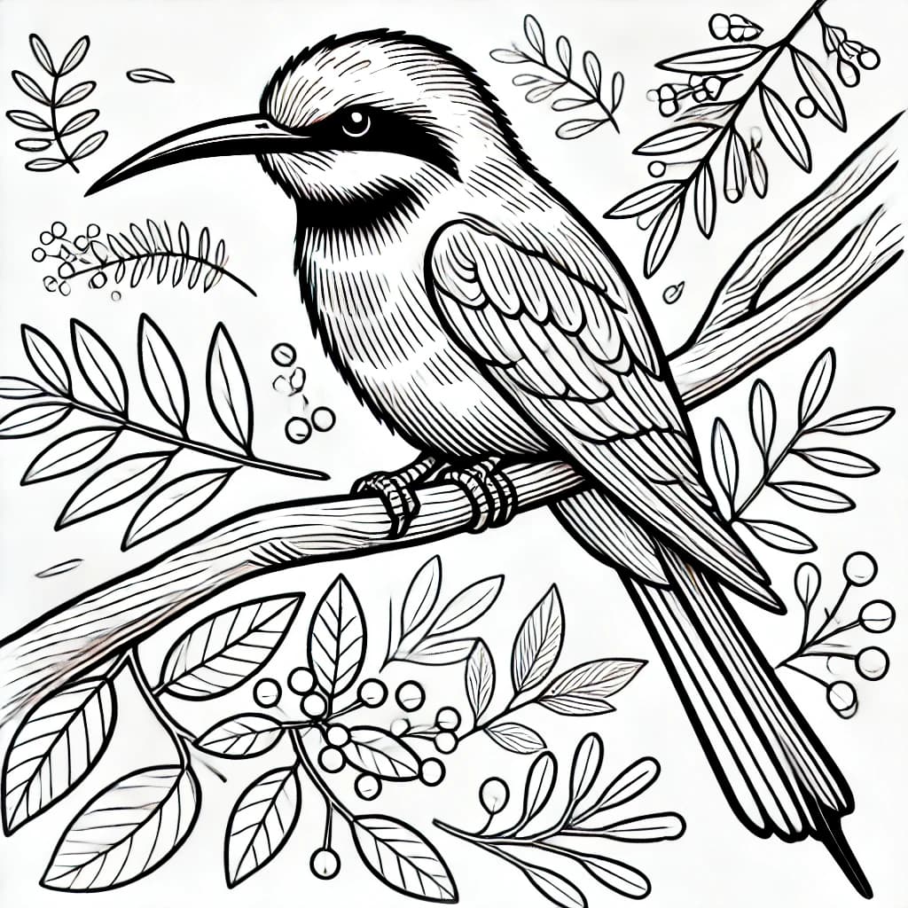 Ausmalbild - Gabelracke auf einem Ast - Vogel, Gabelracke, Baum, Äste