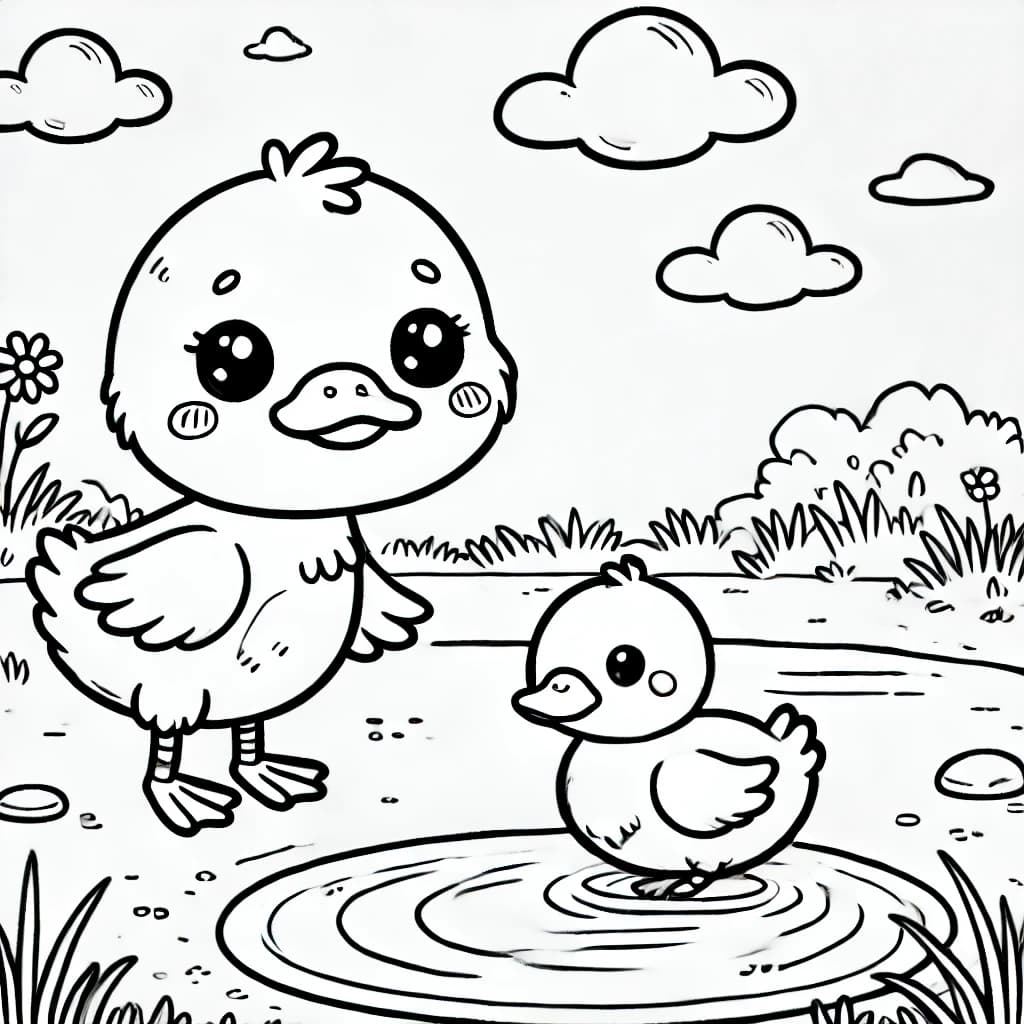 Ausmalbild - Lustige Ente am Teich - Ente, Teich, Wolke, Wasser