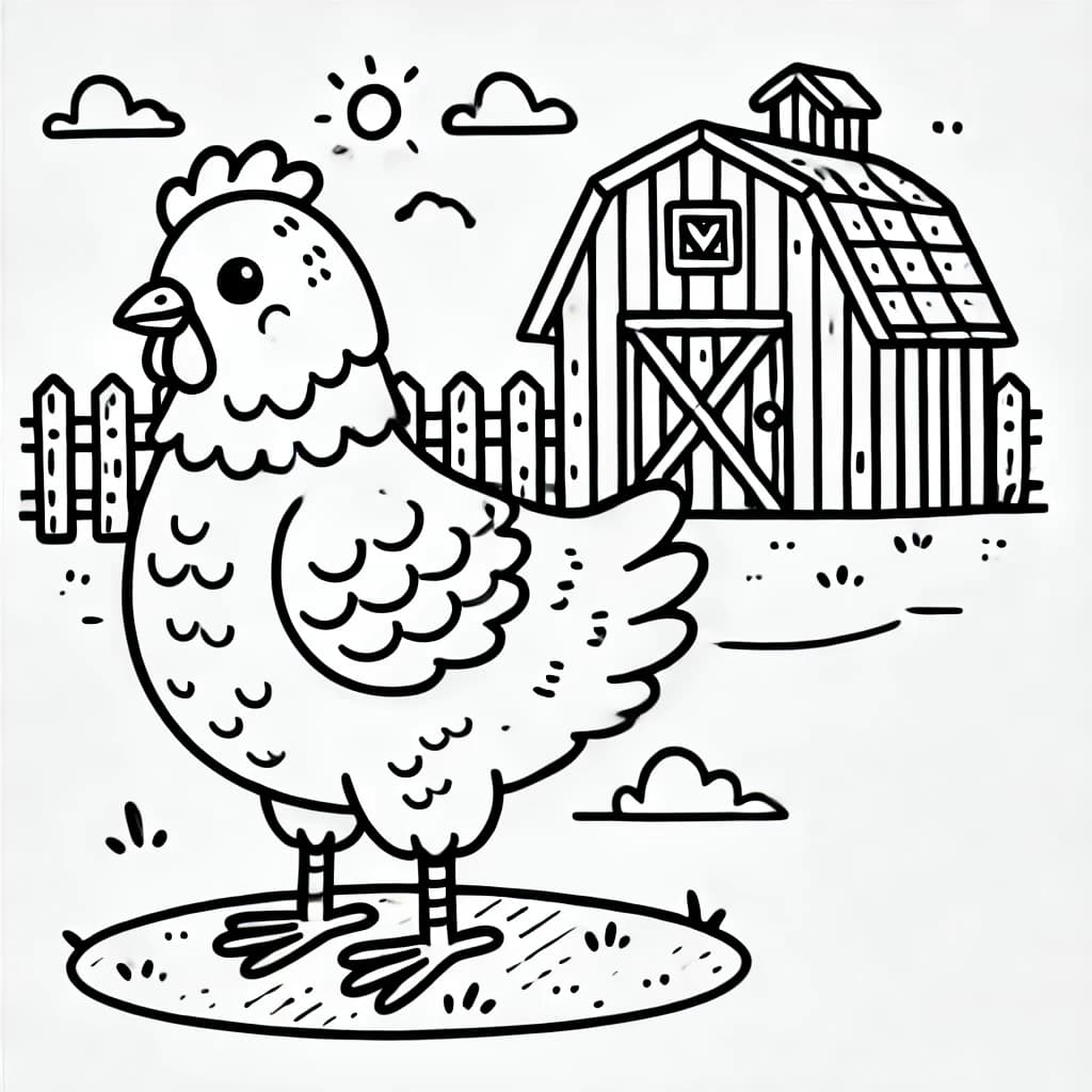 Ausmalbild - Huhn auf dem Bauernhof - Huhn, Bauernhof, Scheune, Zaun