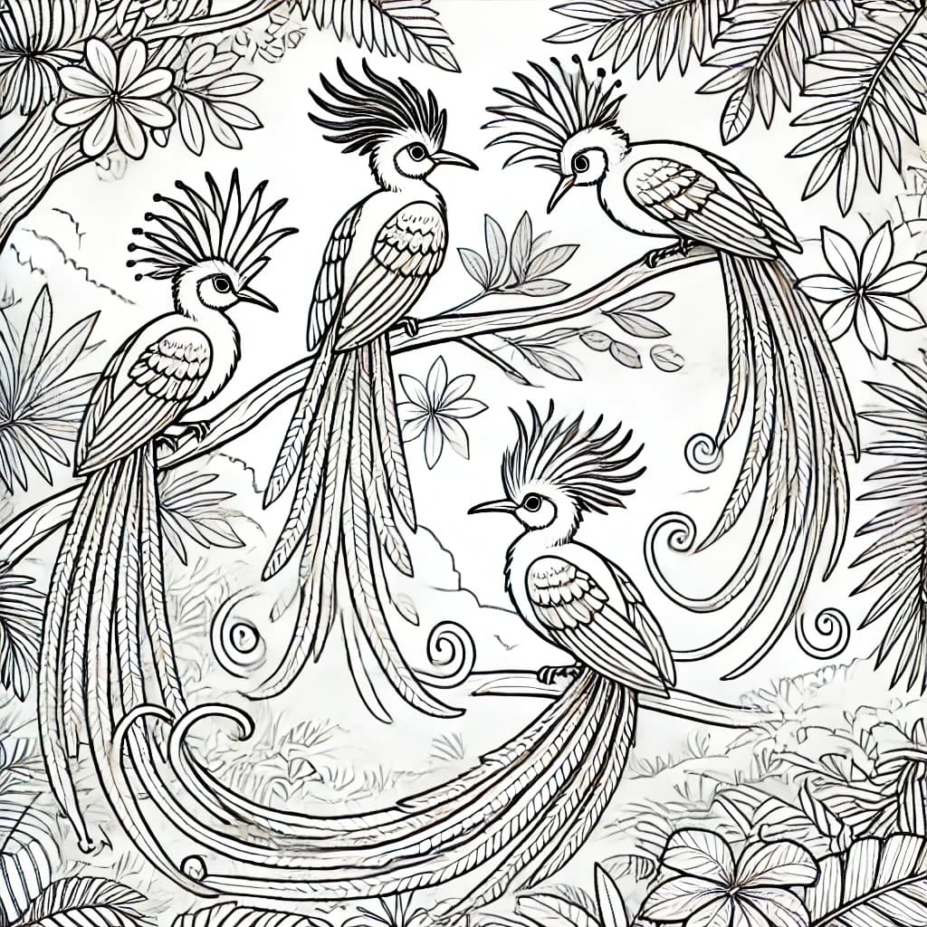 Ausmalbild - Paradiesvögel im tropischen Wald - Paradiesvögel, Vögel, Tropen, Natur