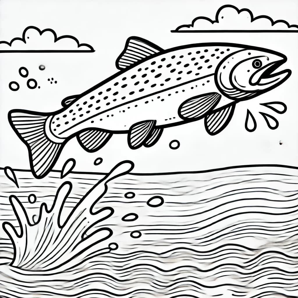 Ausmalbild - Springender Lachs - Lachs, Fluss, Wasser, Fisch