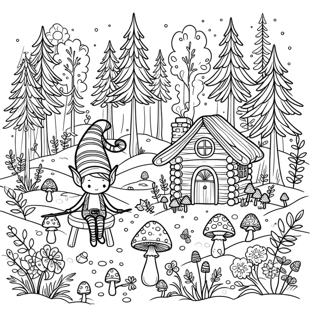 Ausmalbild - Elfen im Zauberwald - Elfen, Wald, Bäume, Pilze