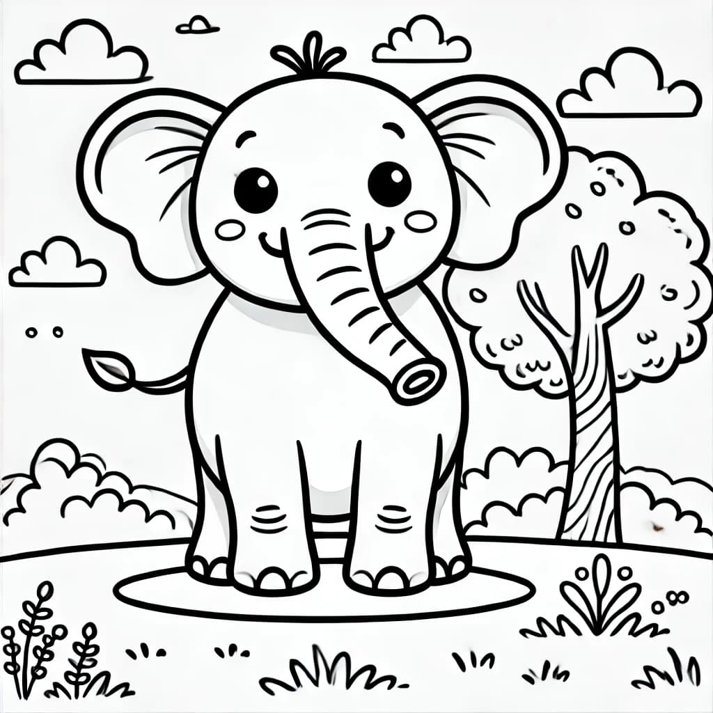 Ausmalbild - Fröhlicher Elefant im Gras - Elefant, Tiere, Natur, Savanne
