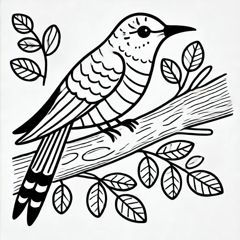 Ausmalbild - Kuckuck auf einem Ast - Kuckuck, Vogel, Baum, Ast